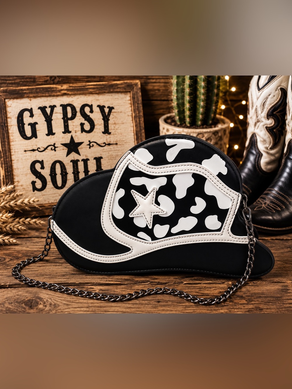 NWOT Black & White Cow Print Cowboy Hat Crossbody Purse Western Star